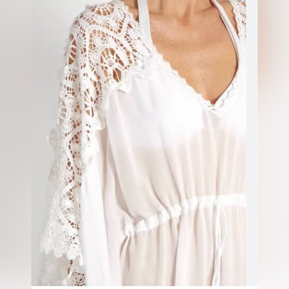 Melissa Odabash Floral Crochet Lace Inset Short Kaftan White Size OS Coverup - Picture 3 of 14